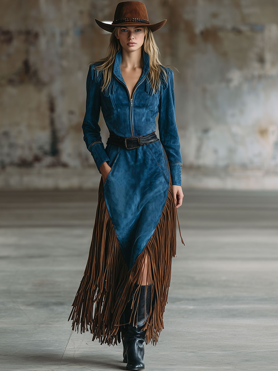 Western Retro Half-Zip Long-Sleeved Dark Blue Faux Suede Tassel Maxi Dress