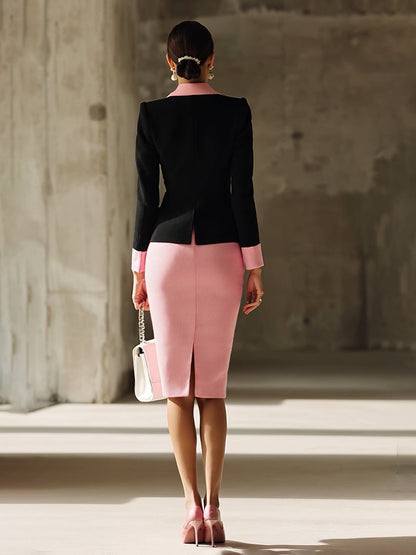 Black Contrast Pink Knitted Jacket And Skirt Set