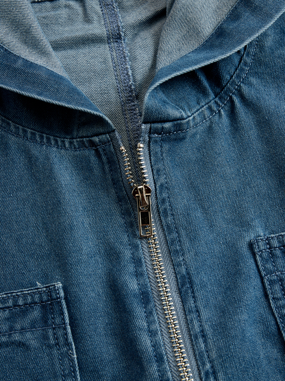 Casual Loose Retro Pocket Long Sleeve Hooded Zipper Denim Jumpsuit