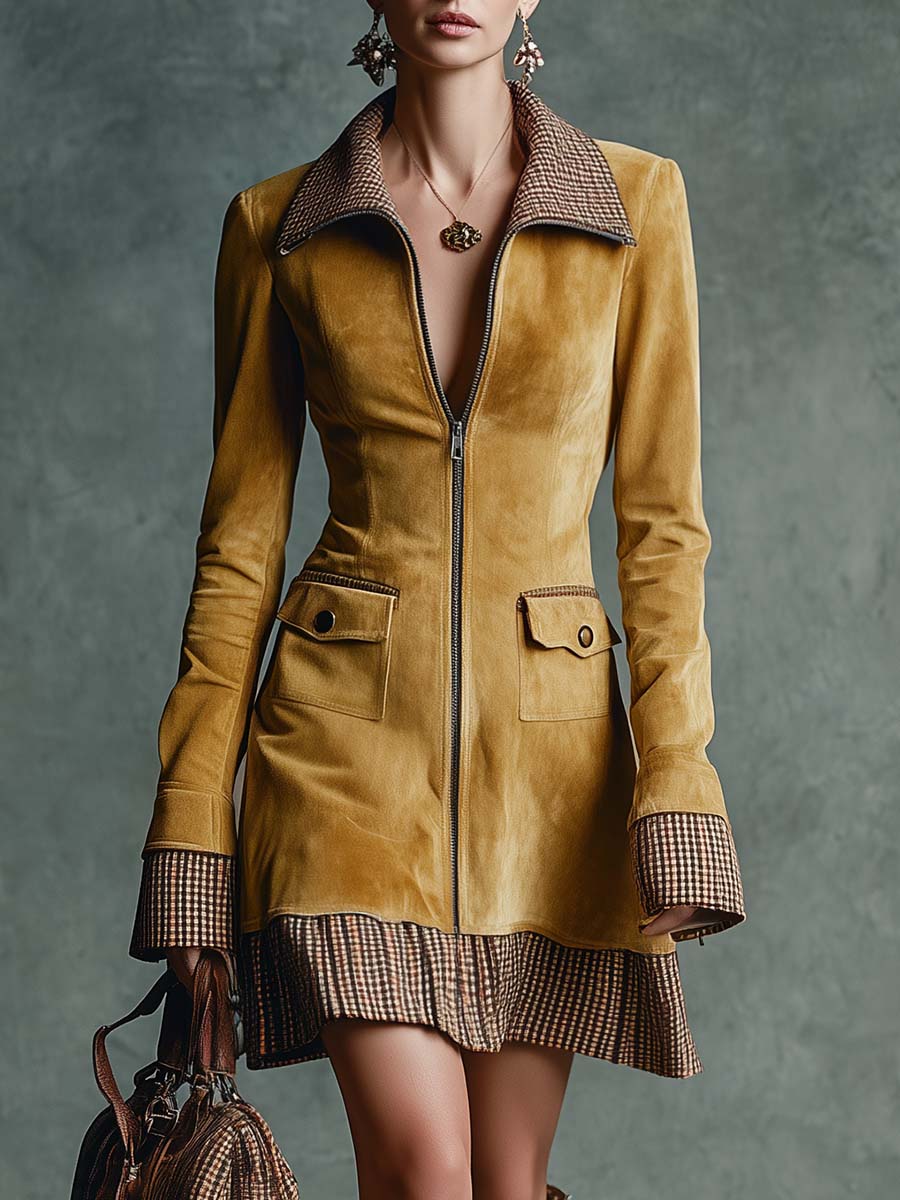 Vintage Elegant Western Lapel Front Zipper Plaid Ruffled Hem Gold Eco-friendly Suede Mini Dress