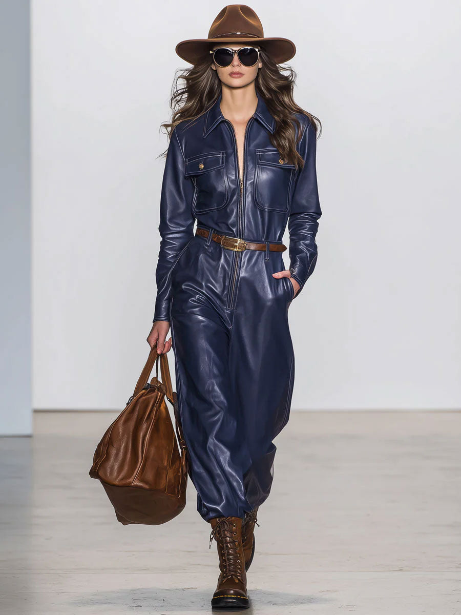 Casual Retro Dark Blue Faux Leather Long-Sleeved Lace-Up Wide-Leg Jumpsuit