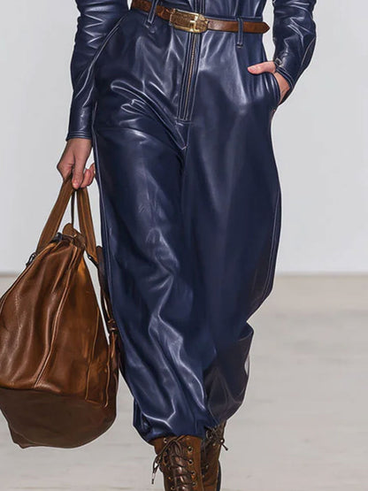 Casual Retro Dark Blue Faux Leather Long-Sleeved Lace-Up Wide-Leg Jumpsuit