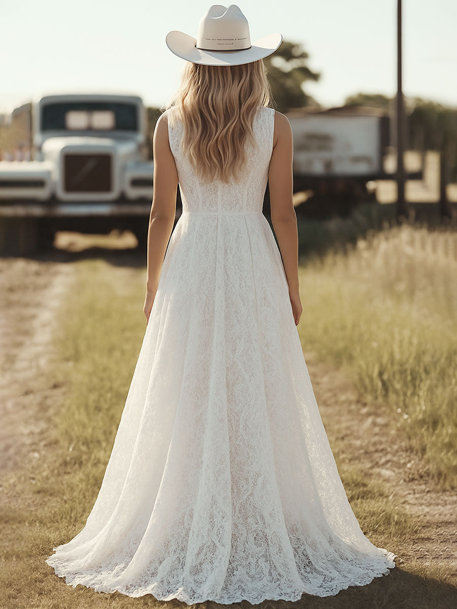 Western Retro White Lace Sleeveless Irregular Skirt Dress Maxi Dress