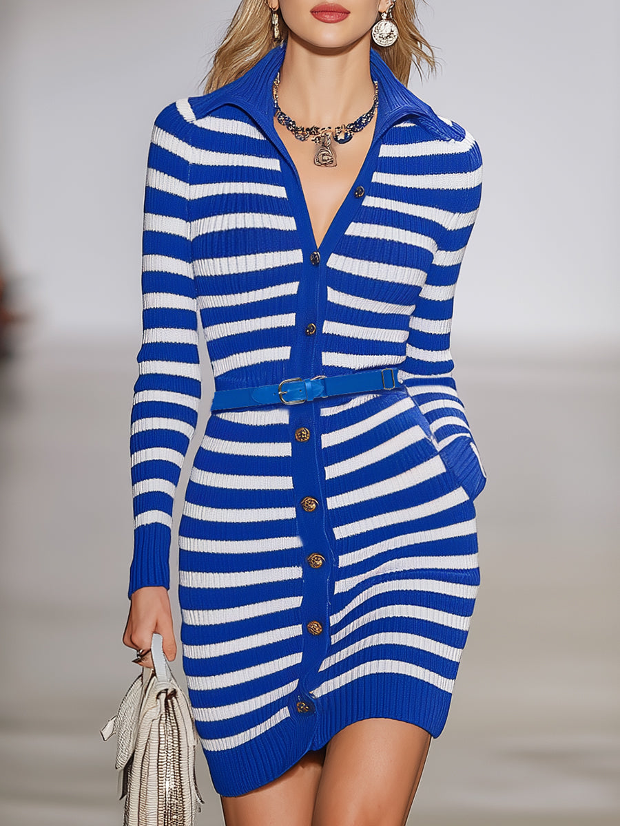 Casual And Stylish Blue And White Striped Button-down Knit Mini Dress