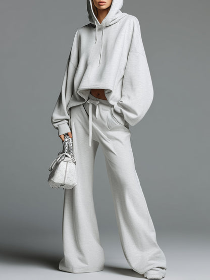 Casual Loose-fitting Grayish White Hooded Sweatshirt And Wide-leg Pants Sports Set