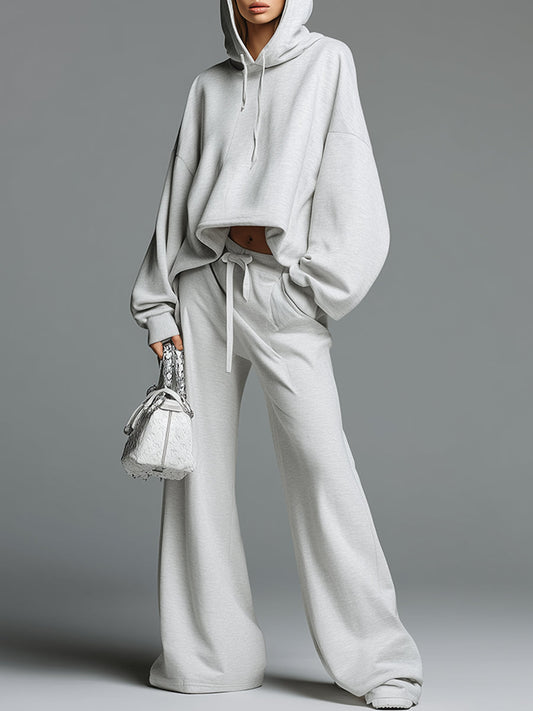 Casual Loose-fitting Grayish White Hooded Sweatshirt And Wide-leg Pants Sports Set