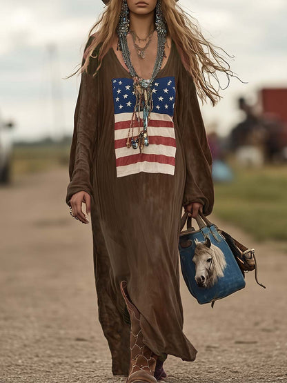 Vintage Casual Western Long Sleeve Flag Print Pink Cotton Loose Maxi Dress