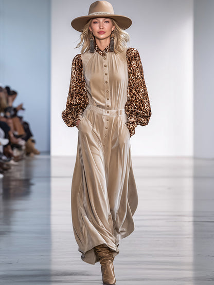Casual Retro Leopard Print Sleeve Beige Velvet Maxi Dress