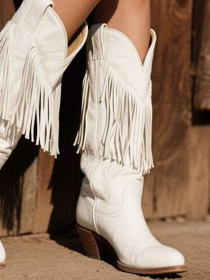 Women's Western Embroidered Tassel Leather Cowboy Boots