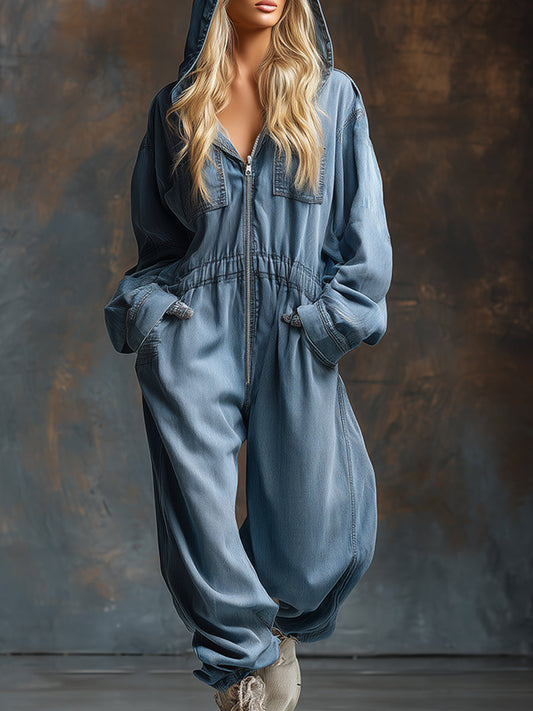 Casual And Oversized Blue Hooded Front-zip Denim Long-sleeved Jumpsuit