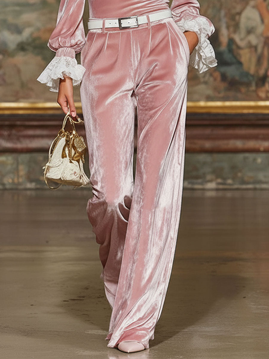 Velvet-trimmed Lace-trimmed Top And Wide-leg Pants Set