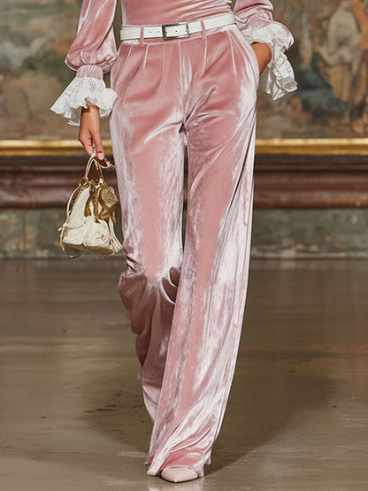 Velvet-trimmed Lace-trimmed Top And Wide-leg Pants Set