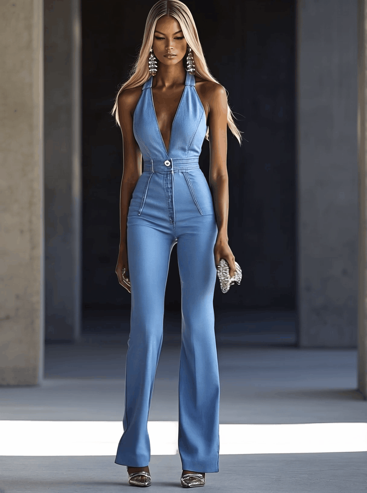 Simple and Fashionable V-neck Sleeveless Tight Light Blue Denim Jumpsuit