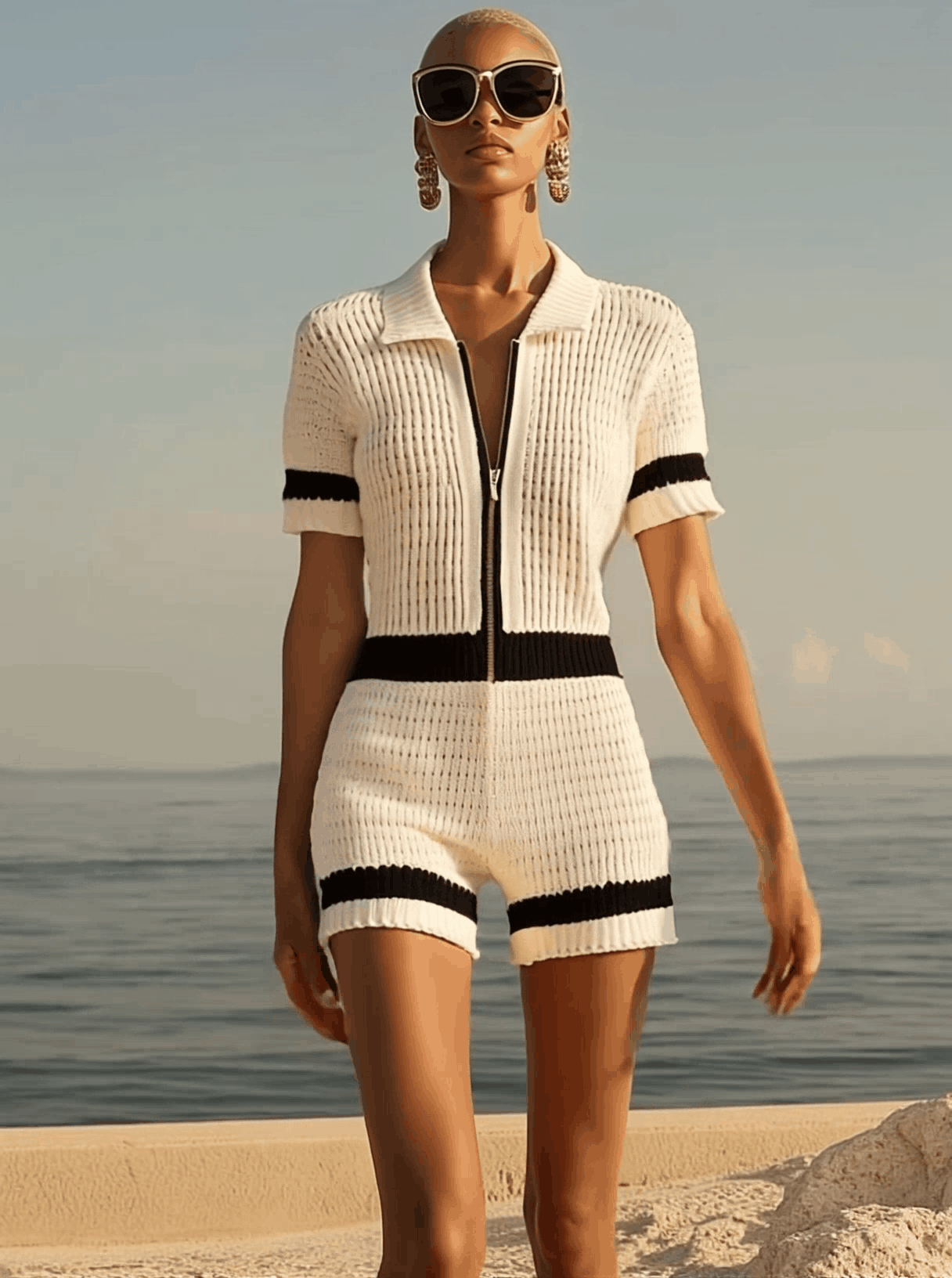 Breathable Fashion Front Zipper Short Sleeve Knit Shorts Jumpsuit