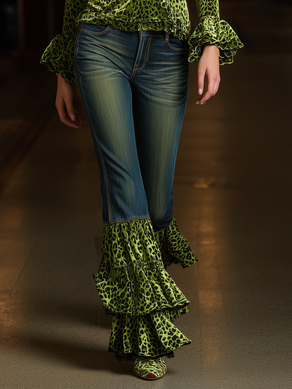 Vintage Distressed Blue-green Leopard Print Ruffled Jeans