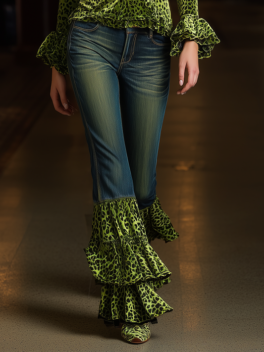 Vintage Distressed Blue-green Leopard Print Ruffled Jeans