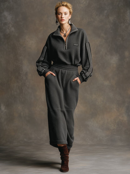 Sporty Retro Striped Long-sleeved Half-zip Dark Gray Velvet Midi Dress