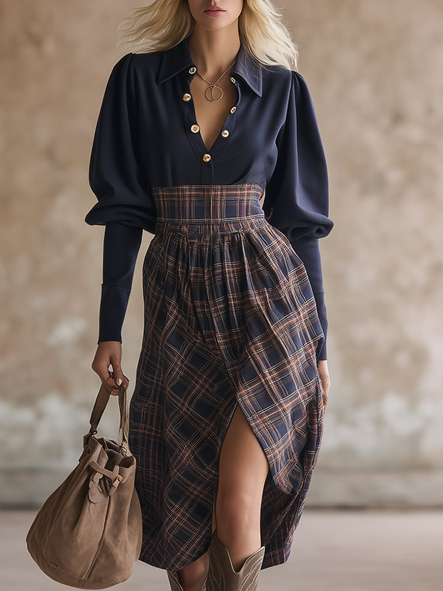 Casual Retro Sporty Navy Blue Sweatshirt Patchwork Plaid Mid-length Dress