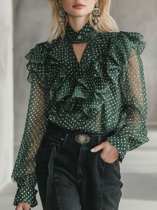 Stylish And Elegant Green Polka Dot Chiffon Ruffled Shirt