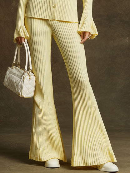 Trendy Retro Pale Yellow Long-sleeved Knit Cardigan And Flared Pants Set
