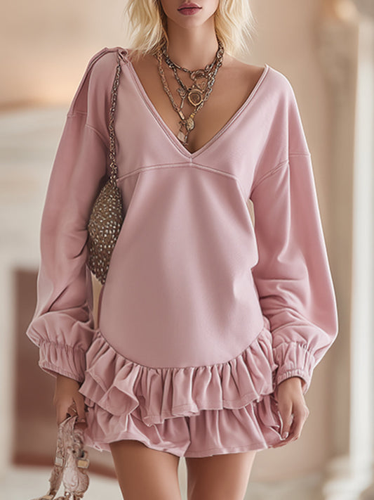 Trendy Urban Sporty V-neck Ruffled Pink Sweatshirt Mini Dress