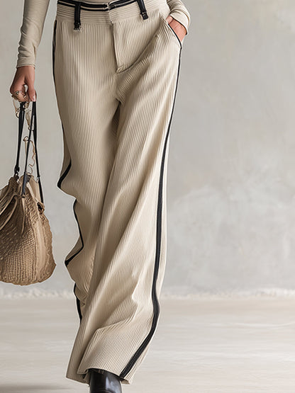 Urban Sporty Beige Half-zip T-shirt And Corduroy Wide-leg Pants Set