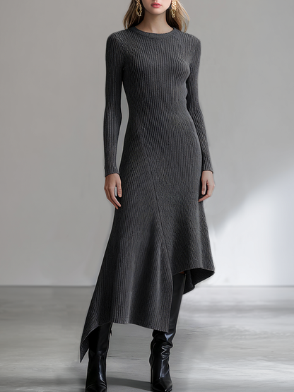 Casual Round Neck Long Sleeve Asymmetrical Hem Knitted Ribbed Maxi Dress