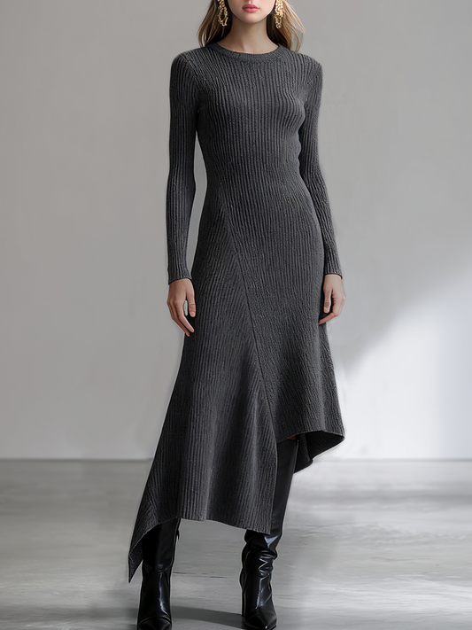 Casual Round Neck Long Sleeve Asymmetrical Hem Knitted Ribbed Maxi Dress