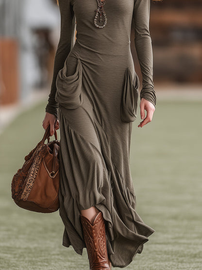 Stylish And Casual Pocket Details Green-grey Turtleneck Maxi Dress