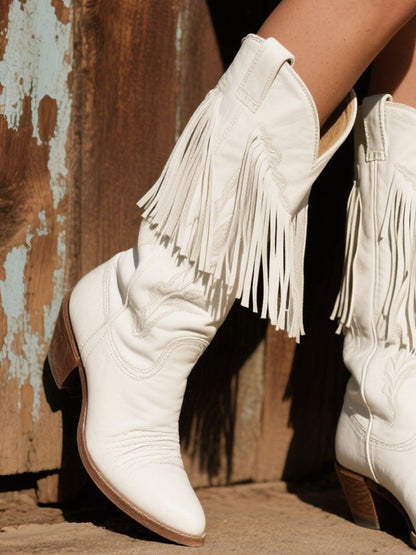Women's Western Embroidered Tassel Leather Cowboy Boots