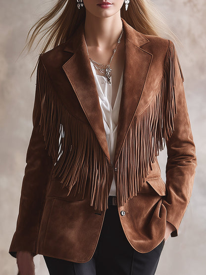 Vintage Western Brown Faux Suede Fringe Blazer