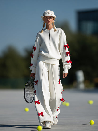 Ballet-inspired Sporty Red Bow White Sweatshirt And Wide-leg Pants Set