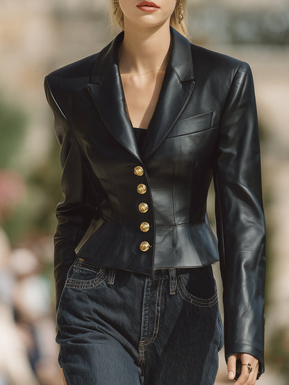 Stylish And Casual Gold Buttons Black PU Jacket
