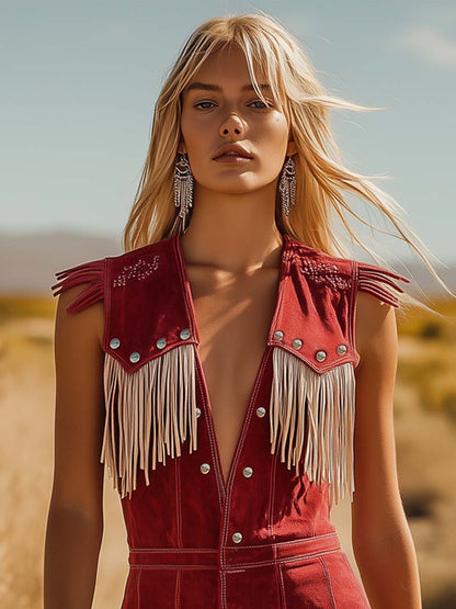 Western Cowboy Style Red Suede Silver Button Beige Tassel Jumpsuit