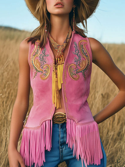 Casual Loose Vintage Gold Embroidery Pink Suede Tassel Vest