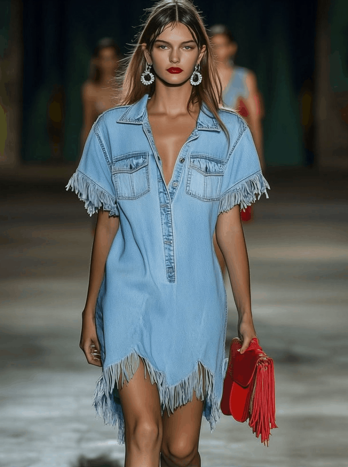 Casual Loose Vintage Denim Short Sleeve Shirt Tassel Mini Dress