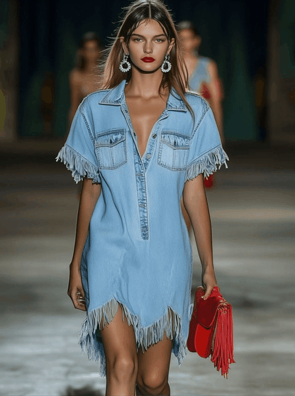 Casual Loose Vintage Denim Short Sleeve Shirt Tassel Mini Dress
