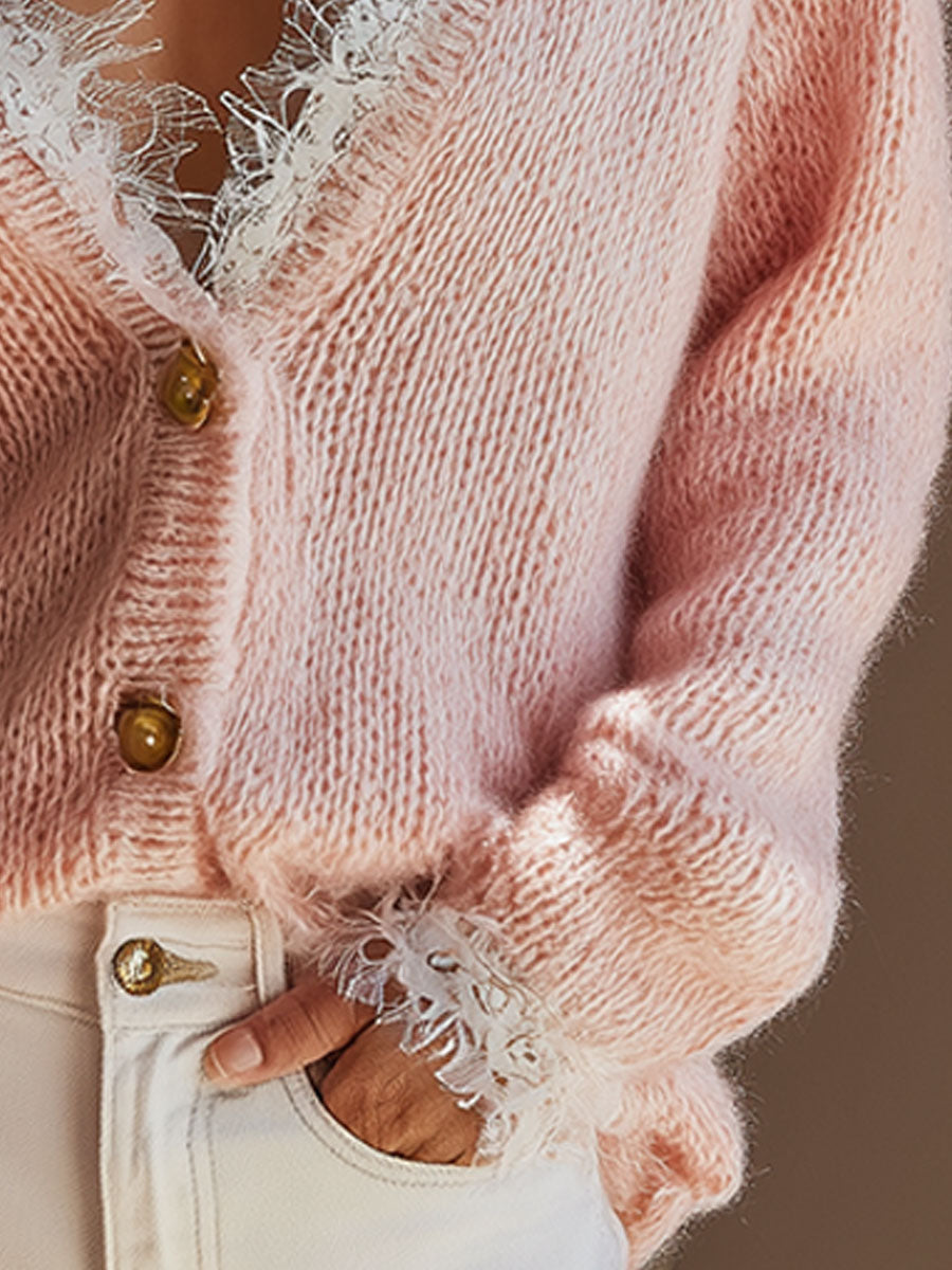Stylish And Gentle White Lace Pink Cardigan Sweater