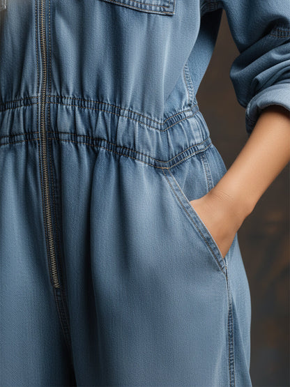 Casual And Oversized Blue Hooded Front-zip Denim Long-sleeved Jumpsuit
