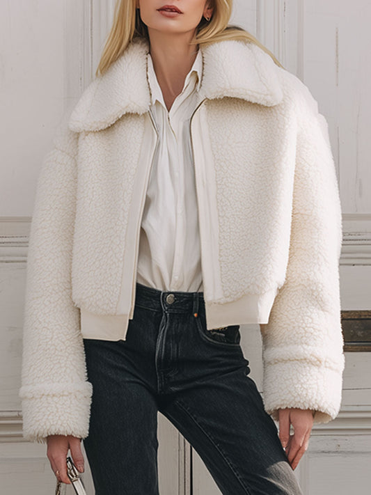 Casual And Fashionable White Polar Fleece Cropped Jacket