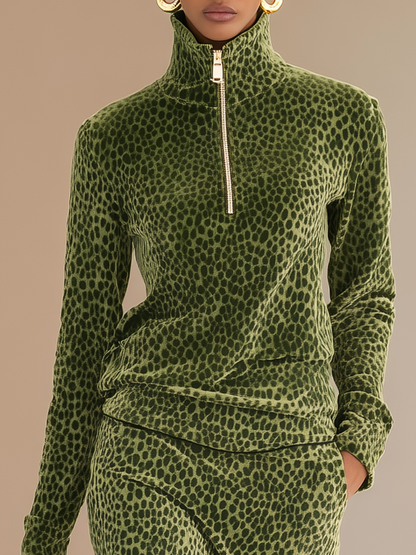 Sports Retro Leopard Print Stand Collar Velvet Top + Skirt Set