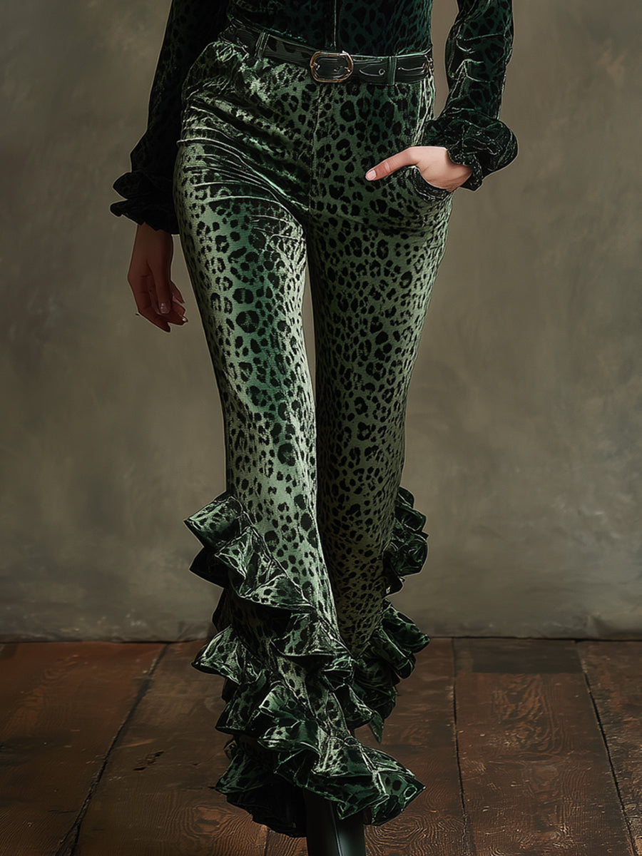 Vintage-style Ruffled Emerald Leopard Print Skinny Stretch Velvet Pants