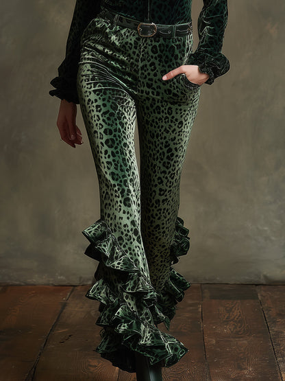 Vintage-style Ruffled Emerald Leopard Print Skinny Stretch Velvet Pants