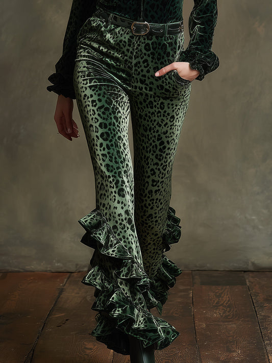 Vintage-style Ruffled Emerald Leopard Print Skinny Stretch Velvet Pants