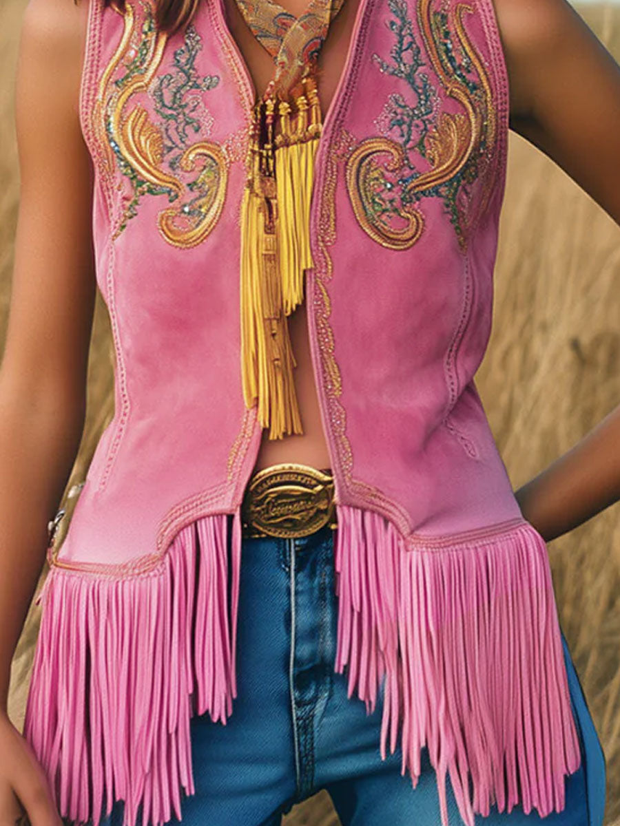 Casual Loose Vintage Gold Embroidery Pink Suede Tassel Vest