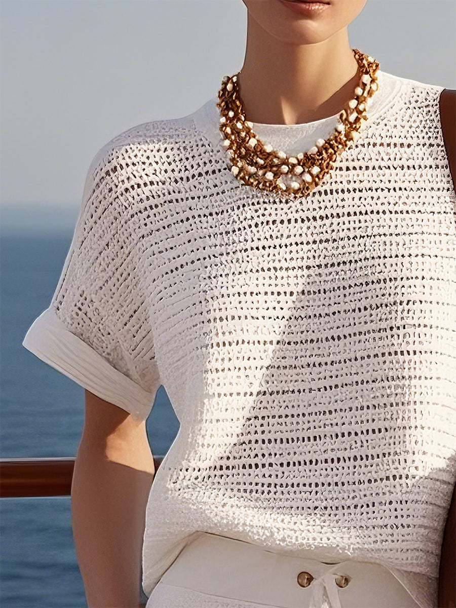 Casual Fashionable Holiday Style Hollow Knitted White Short-Sleeved Shorts Suit