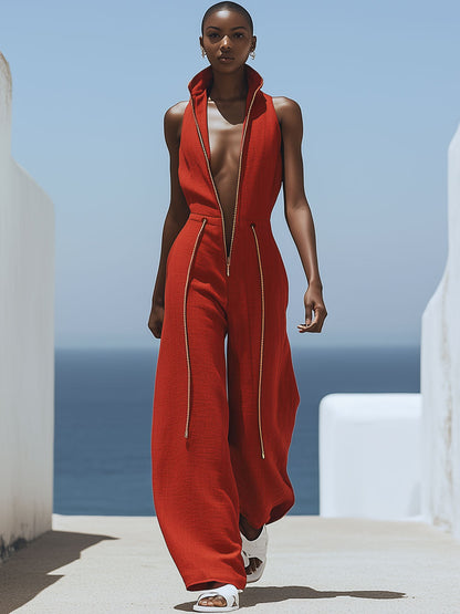 Casual Retro Red Cotton and Linen Zipper Sleeveless Elastic Waist Wide Leg Jumpsuit
