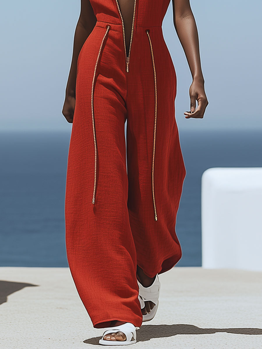 Casual Retro Red Cotton and Linen Zipper Sleeveless Elastic Waist Wide Leg Jumpsuit