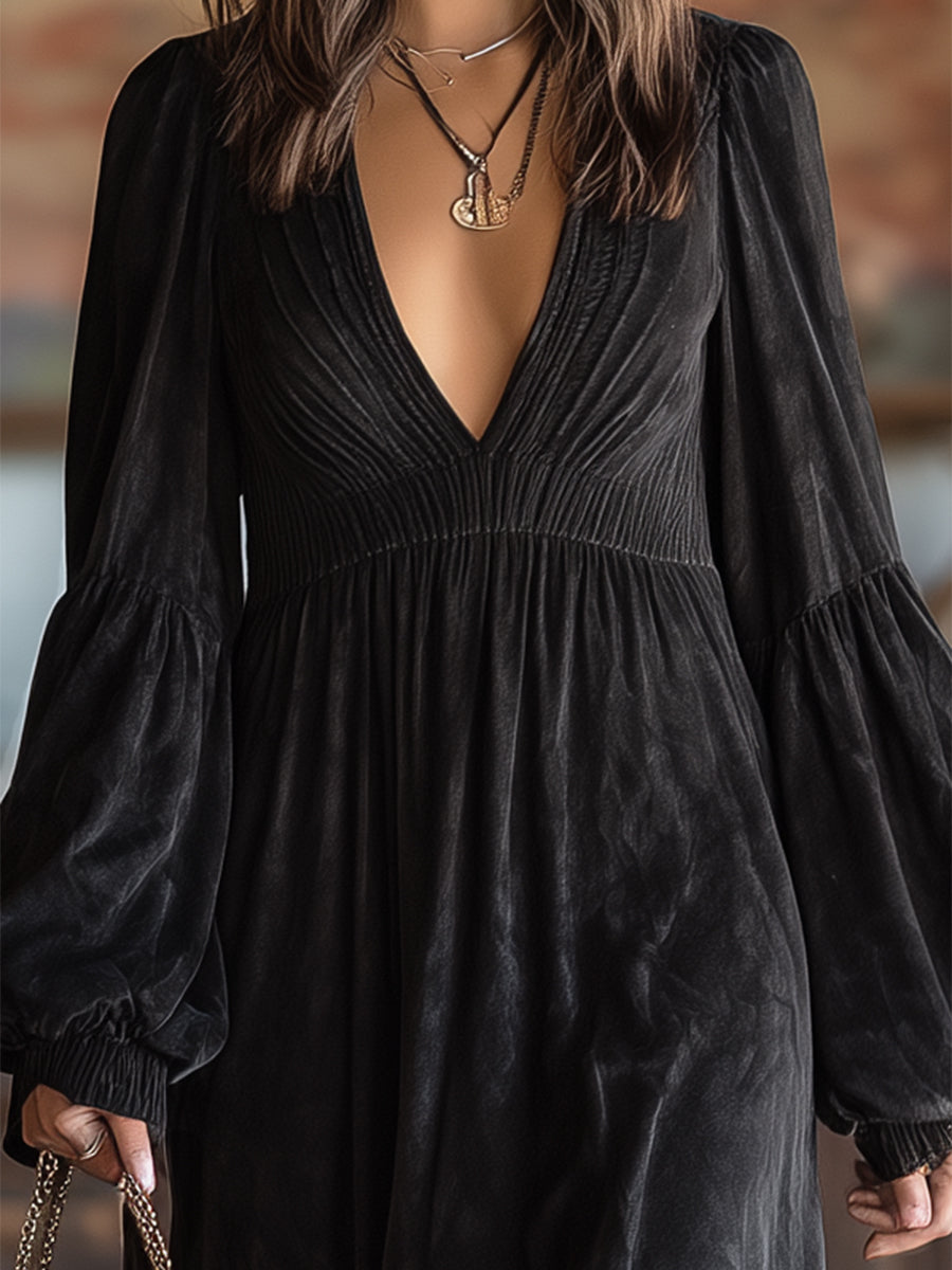 Western Black Faux Suede Textured V-Neck Elastic Maxi Dress