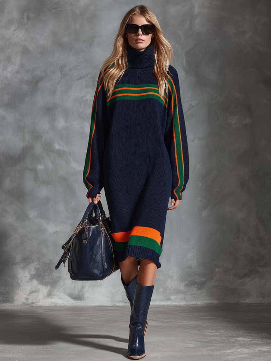 Vintage Fashion Sporty High-neck Contrast Green And Orange Striped Navy Knit Midi Dress